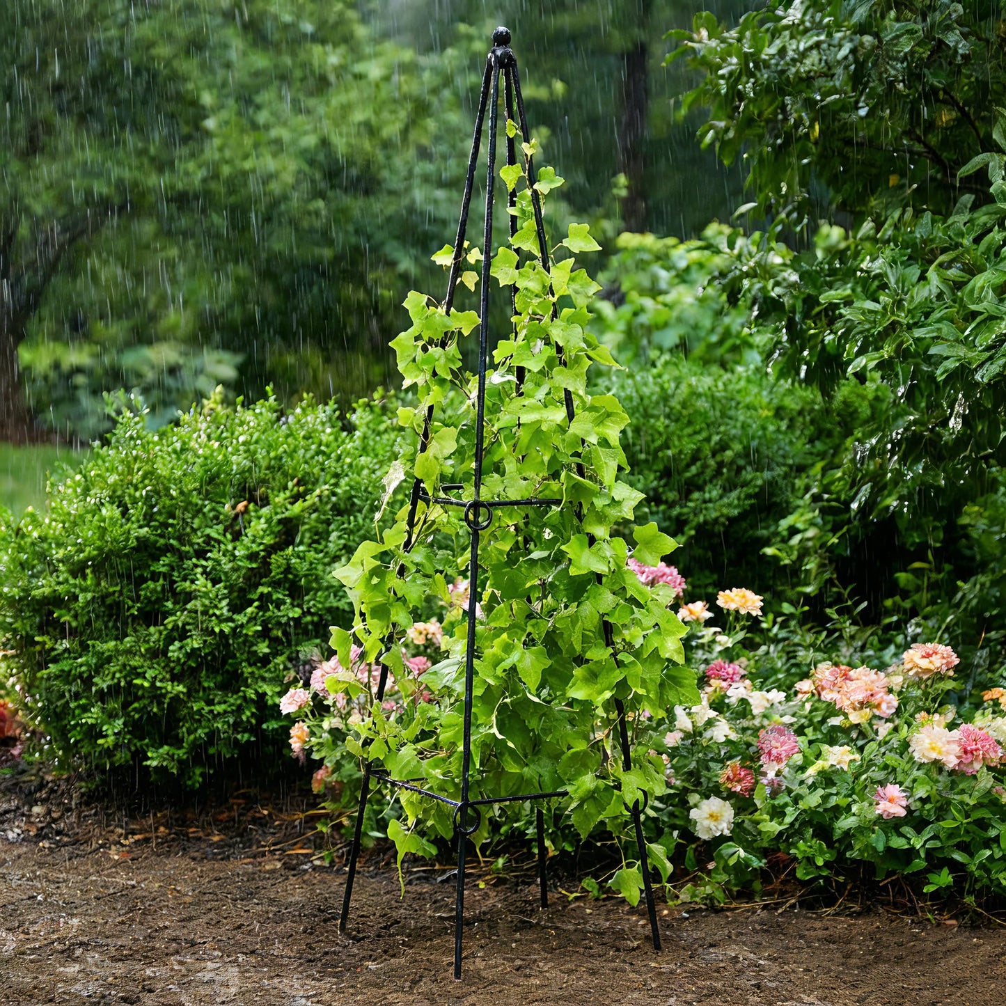 SCENDOR 2 Pack Black Metal Folding Square Plant Stand – 35.5" Tall 2-Tier Decorative Plant Holder Flower Pot Stand for Patio Garden Climbing Vines, Roses, Clematis, and Potted Plants