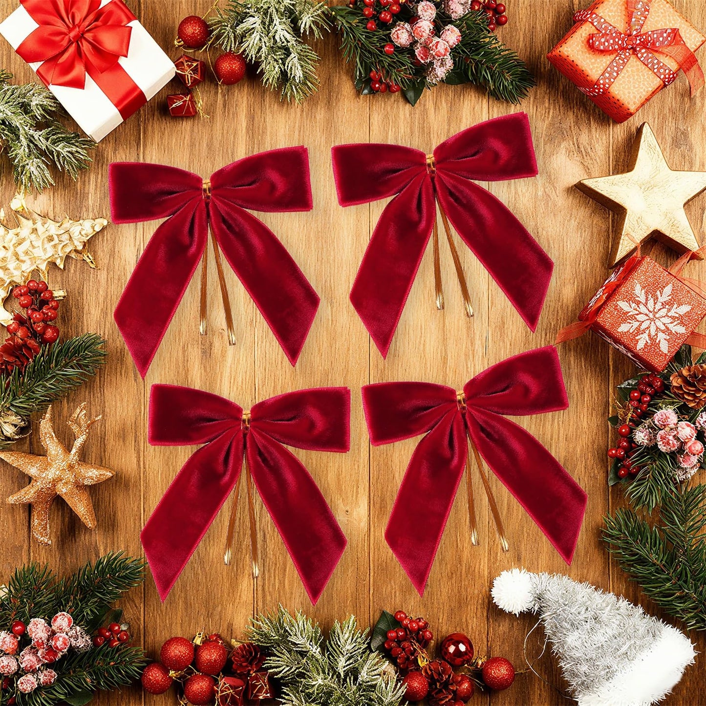 30Pcs Red Velvet Ribbon Bows Twist Tie Bows 3.5x3.5in for Christmas Tree Decorations Ornaments Wreath Baby Shower Treat Bag Gift Wrapping Crafts Xmas Candy Bags Décor