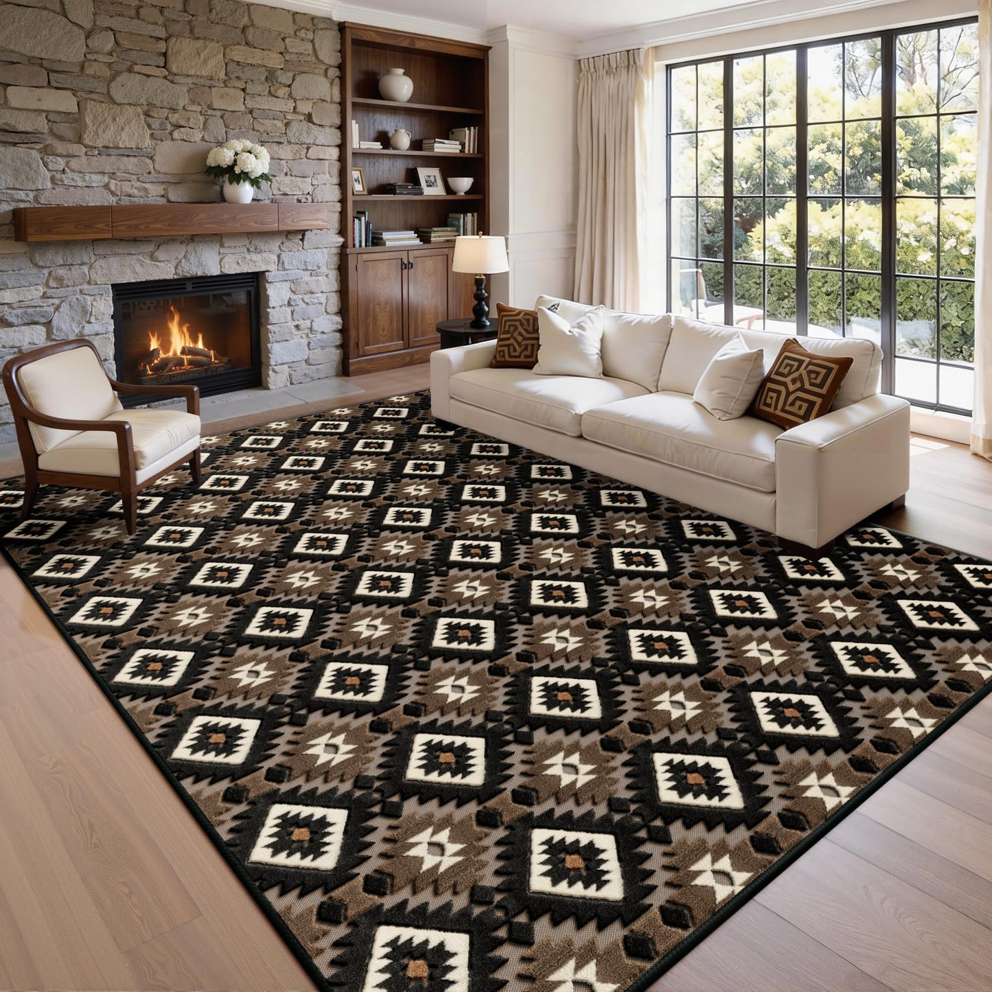 Aztec Area Rug 8x10, High-Low Plush Pile Western Washable Rugs for Living Room Bedroom, Boho Moroccan Geometric Non Slip Textured Fluffy Nursery Carpet Soft Indoor Shag Rugs for Dining Room, Brown