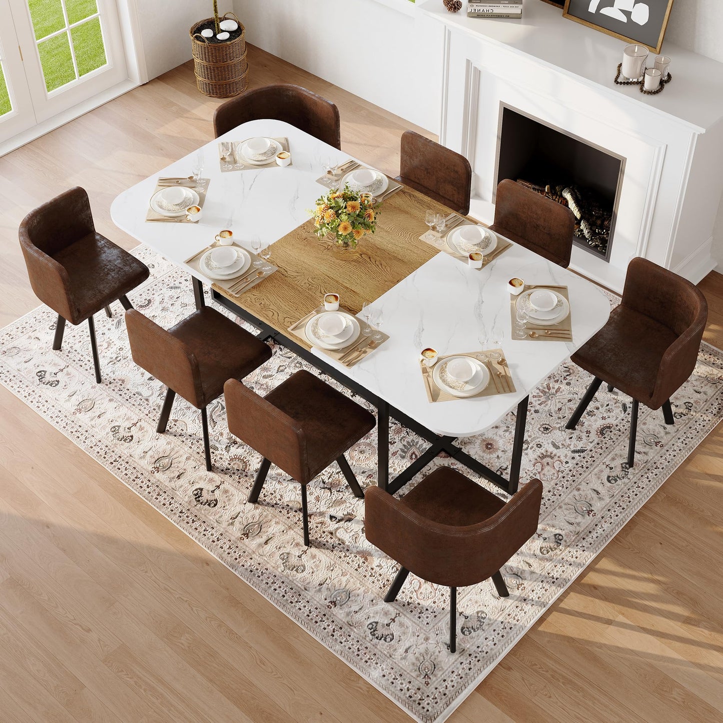 KEIKI 79" Dining Table Set for 8, Rectangular Kitchen Table Set with White Faux Marble & Wood Grain Top, Modern Dining Room Set with 8 Brown Suede Chairs, Large Family Dining Table Furniture