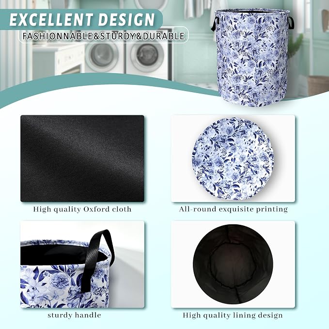 Blue Flower Floral Laundry Basket Foldable With Handles Beautiful Tote Bag Oxford Cloth Colorful Laundry Hamper Clothes Storage Bucket Toy Organizer 18.9"x16.5"For Bathroom/Laundry/Bedroom