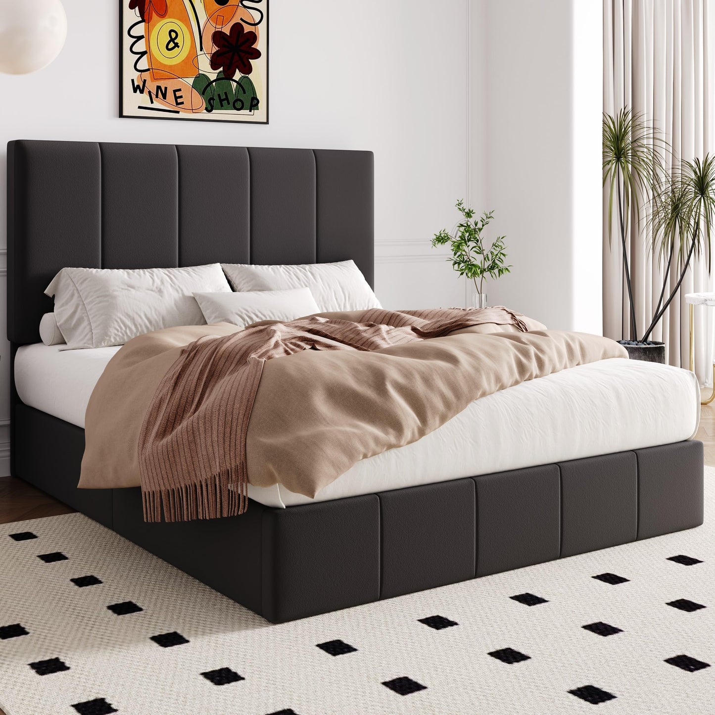 Allewie Full Size Velvet Lift Up Storage Bed Frame, Vertical Channel Tufted Headboard, Hydrualic Underneath Storage, Upholstered Platform Bed, Wooden Slats Support, No Box Spring Needed, Black