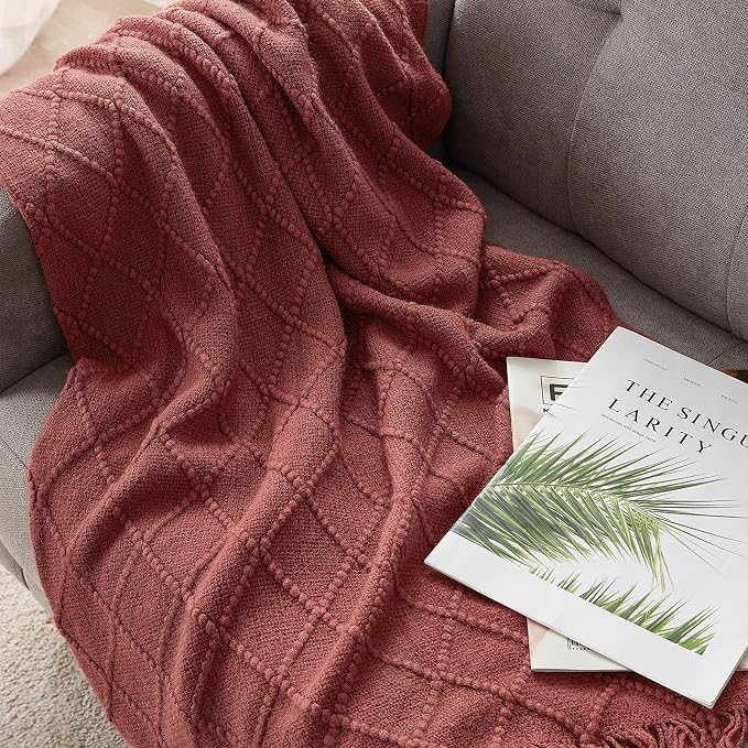 BOURINA Burgundy Throw Blanket 60x80 Inches Throw Textured Solid Soft Sofa Throw Couch Knitted Decorative Blanket