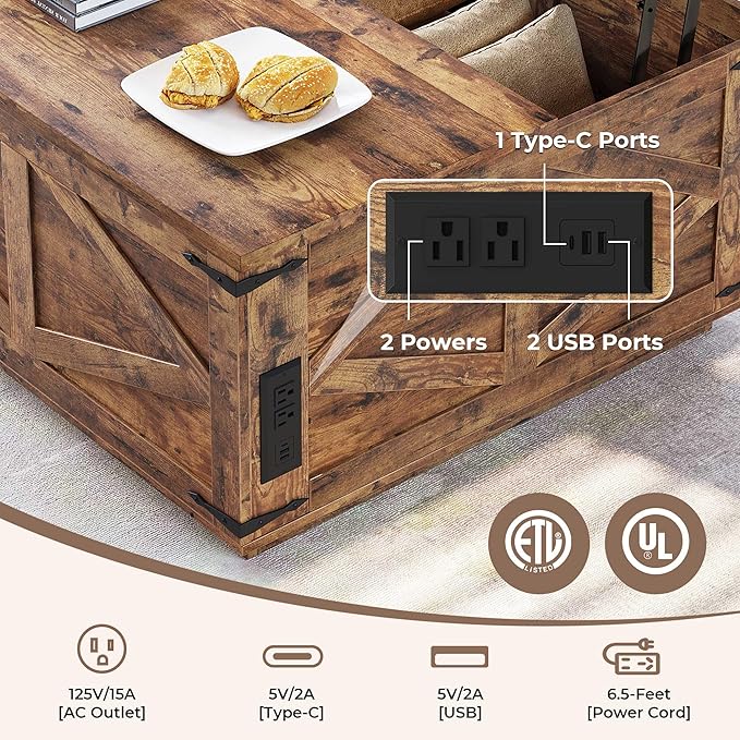 Jocoevol Farmhouse Lift Top Coffee Table, Square Wood Center Table with LED Lighting, USB-C Charging Station, and Hidden Storage Compartment - Rustic Brown Living Room Furniture