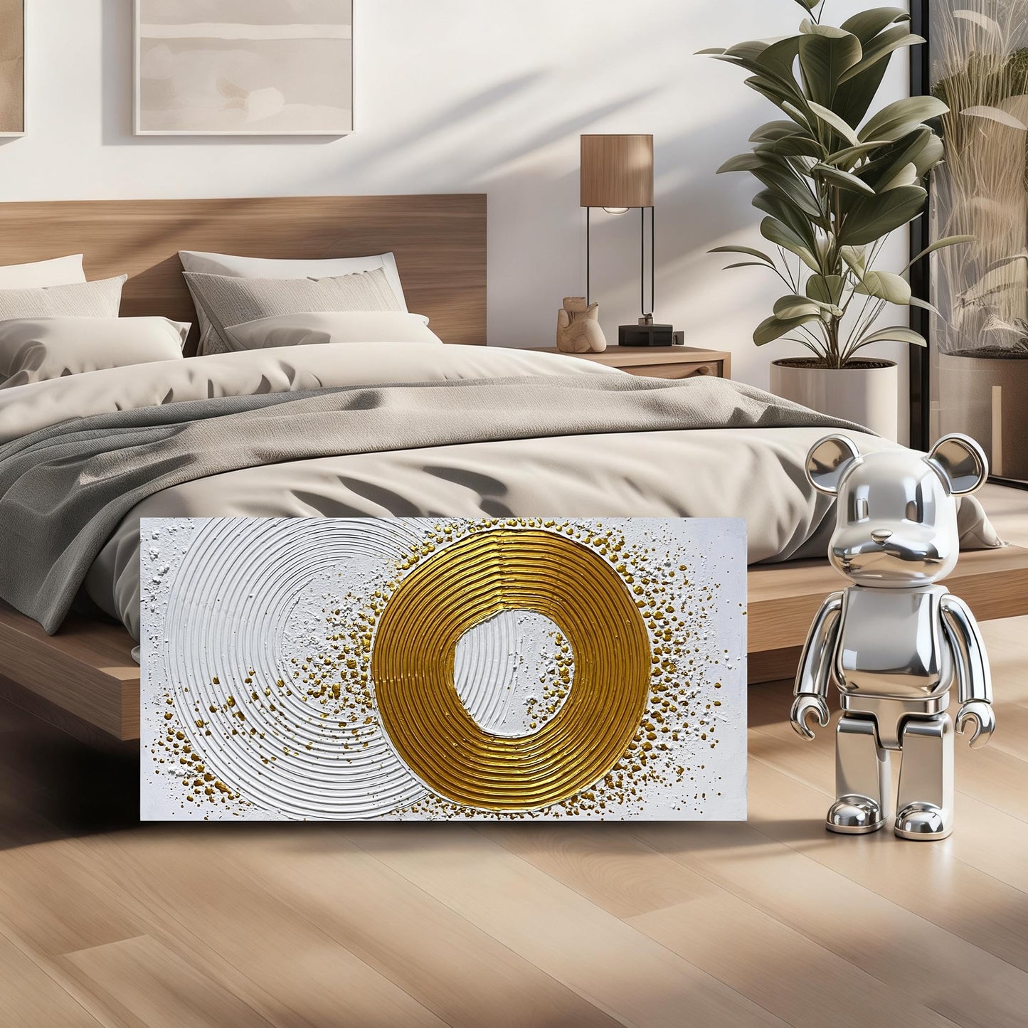 WVMAPTA Abstract Hand Painted Wall Art For Living Room White And Gold Wall Decor For Office Circle Wall Art For Bedroom Size 20 x 40 Inch