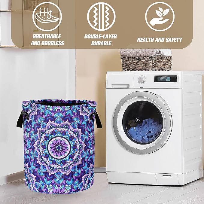 Mandala Laundry Basket Beautiful Flowers Foldable Oxford Cloth Funny Tote Bag Laundry Hamper Clothes Storage Bucket Organizer For Bathroom/Laundry Storage/Bedroom 18.9x16.5 Inch