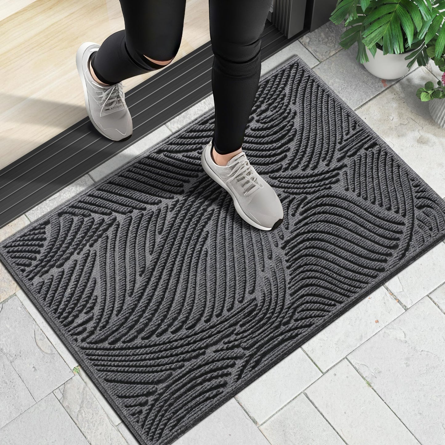 Yimobra Doormat Outdoor Entrance, Simple Stripes All-Weather Waterproof & Non-Slip Mat for Front Door, Heavy Duty Welcome Mat for Indoor, Garage, Patio-29.5x17, Dark Grey