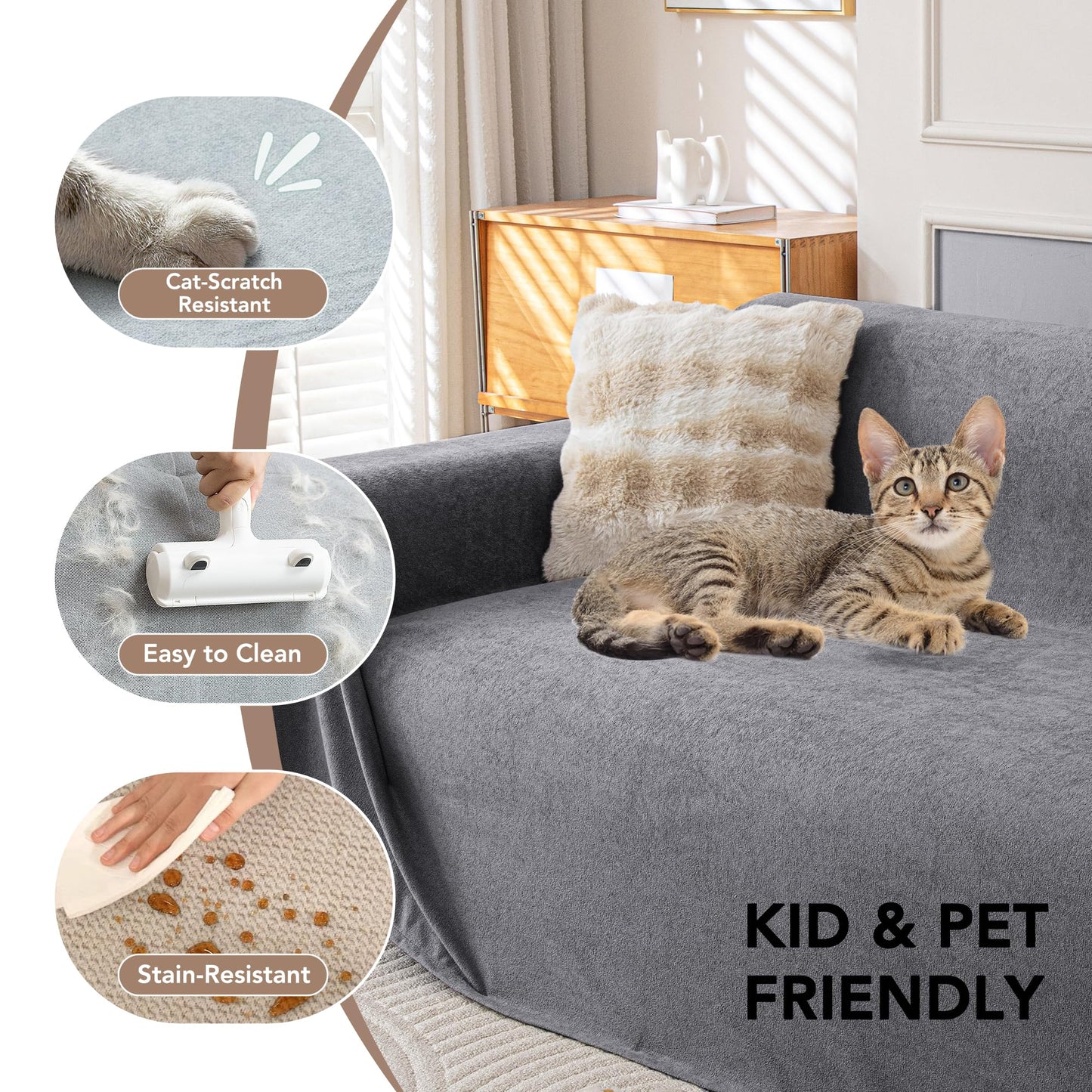 KaviKon Waterproof Couch Covers for 3 Cushion, Non Slip Cat-Scratch Resistant Sofa Couch Covers for Dogs, Pet Friendly Couch Protectors Slipcovers, Washable Furniture Covers for Pets, 71" x 118", Grey