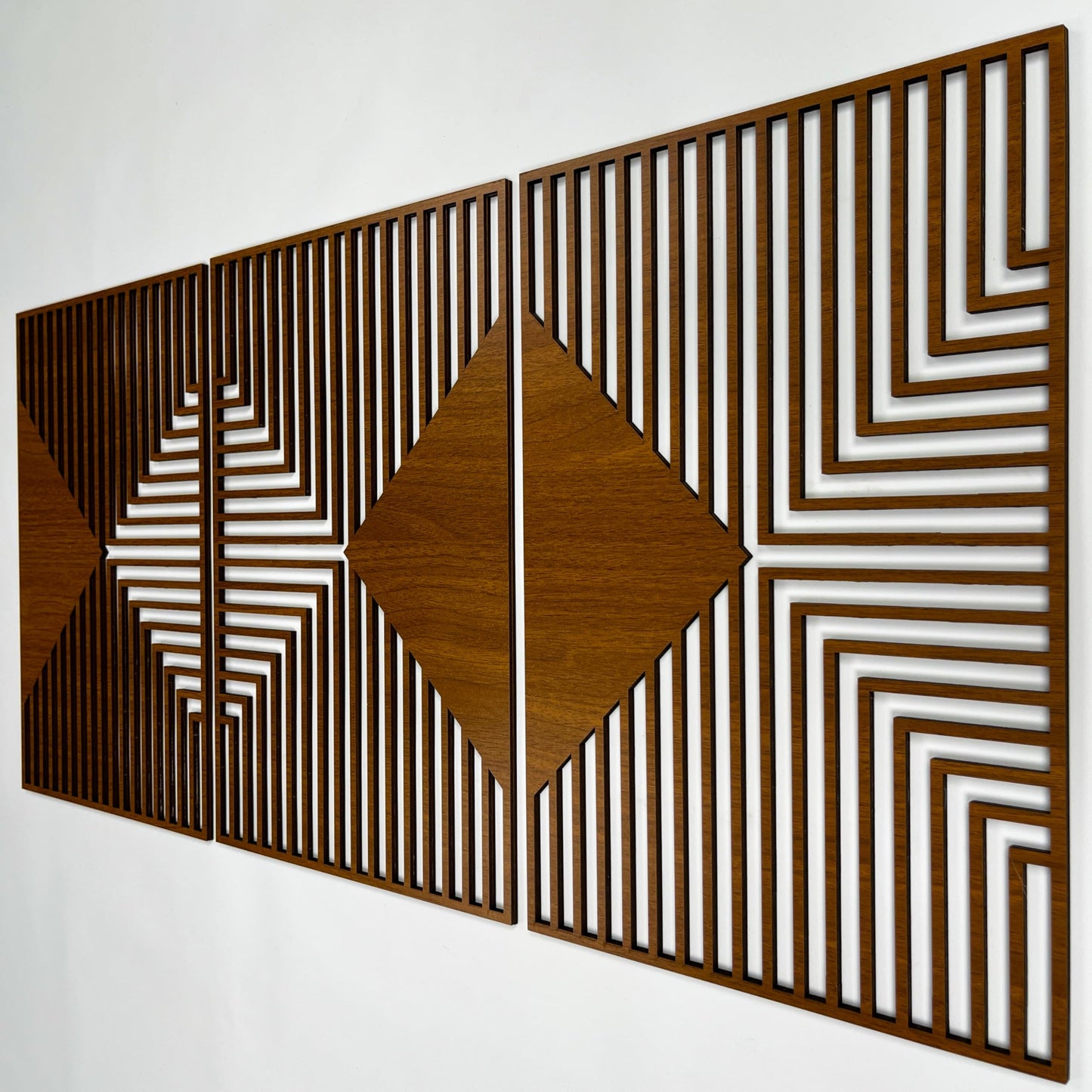 Diamond Wood Wall Art Triptych, Art Deco Inspired Geometric Wooden Panels, Mid Century Modern Minimalist Decor, Large Housewarming Gift for Living Room and Bedroom
