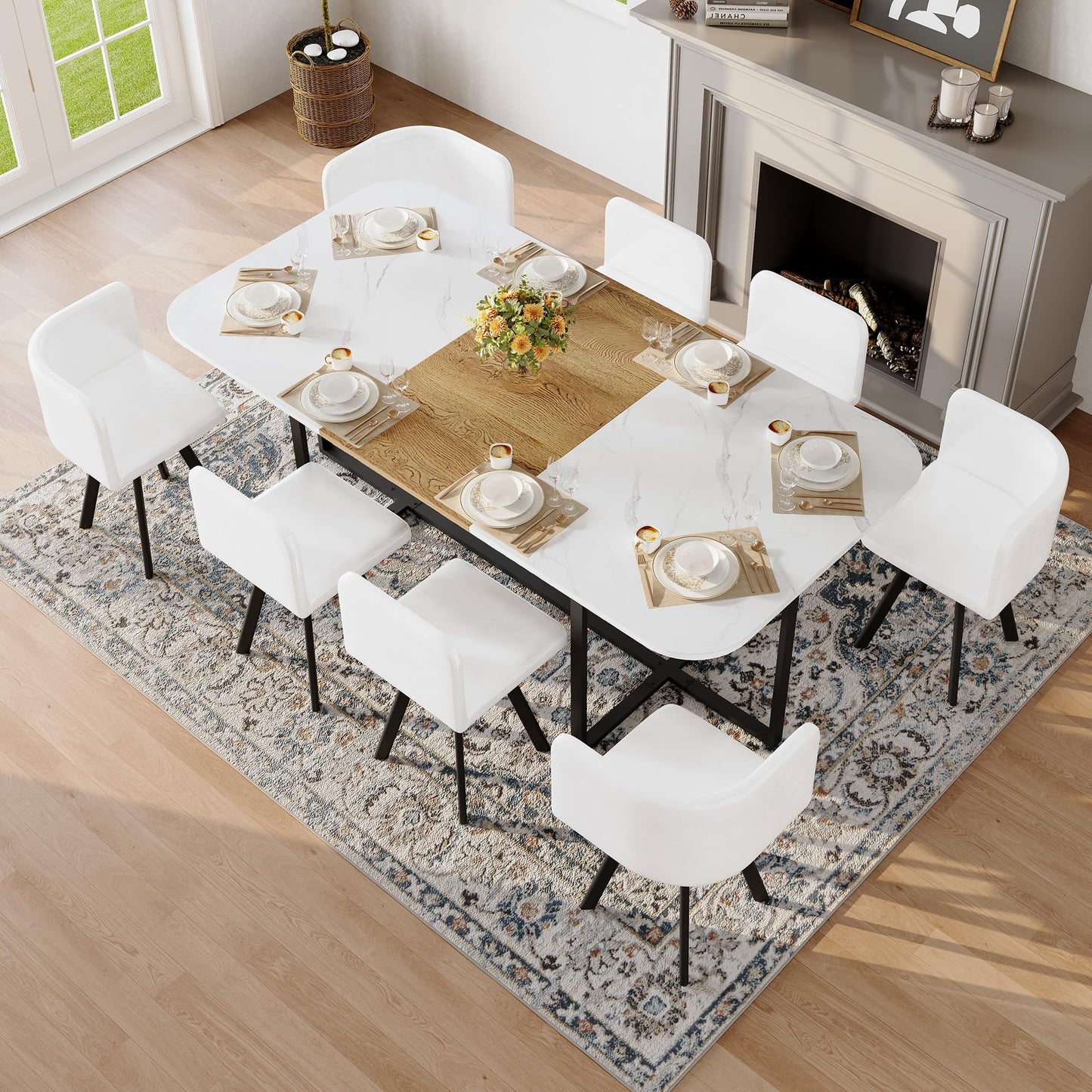 KEIKI 79" Dining Table Set for 8, Rectangular Kitchen Table Set with White Faux Marble & Wood Grain Top, Modern Dining Room Set with 8 White Faux Leather Chairs, Large Family Dining Table Furniture