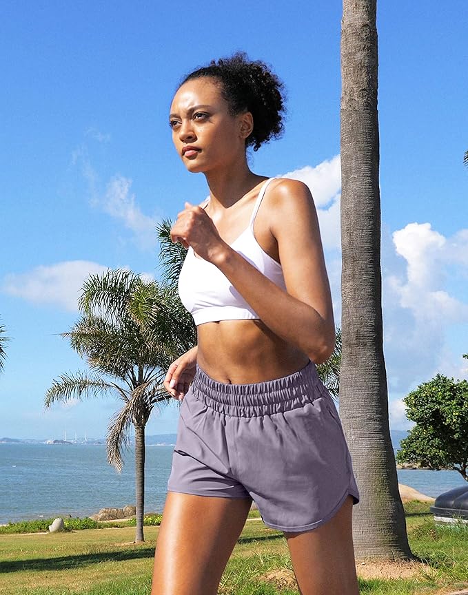 SANTINY Women's Running Shorts with Zip Pockets High Waisted Athletic Workout Gym Shorts for Women with Liner