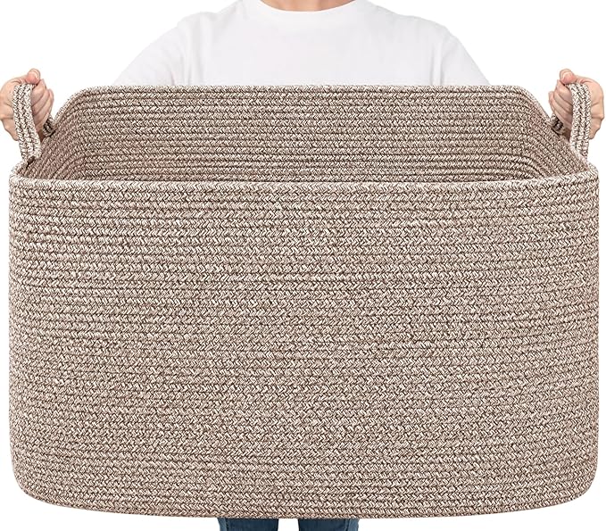 Goodpick Blanket Basket, Woven Baskets for Storage, Extra Large Storage Basket for Clothes, Toys, Dirty Clothes Basket for Laundry, Living Room, 23.6" x 15.7" x 13.8", Brown, 85L