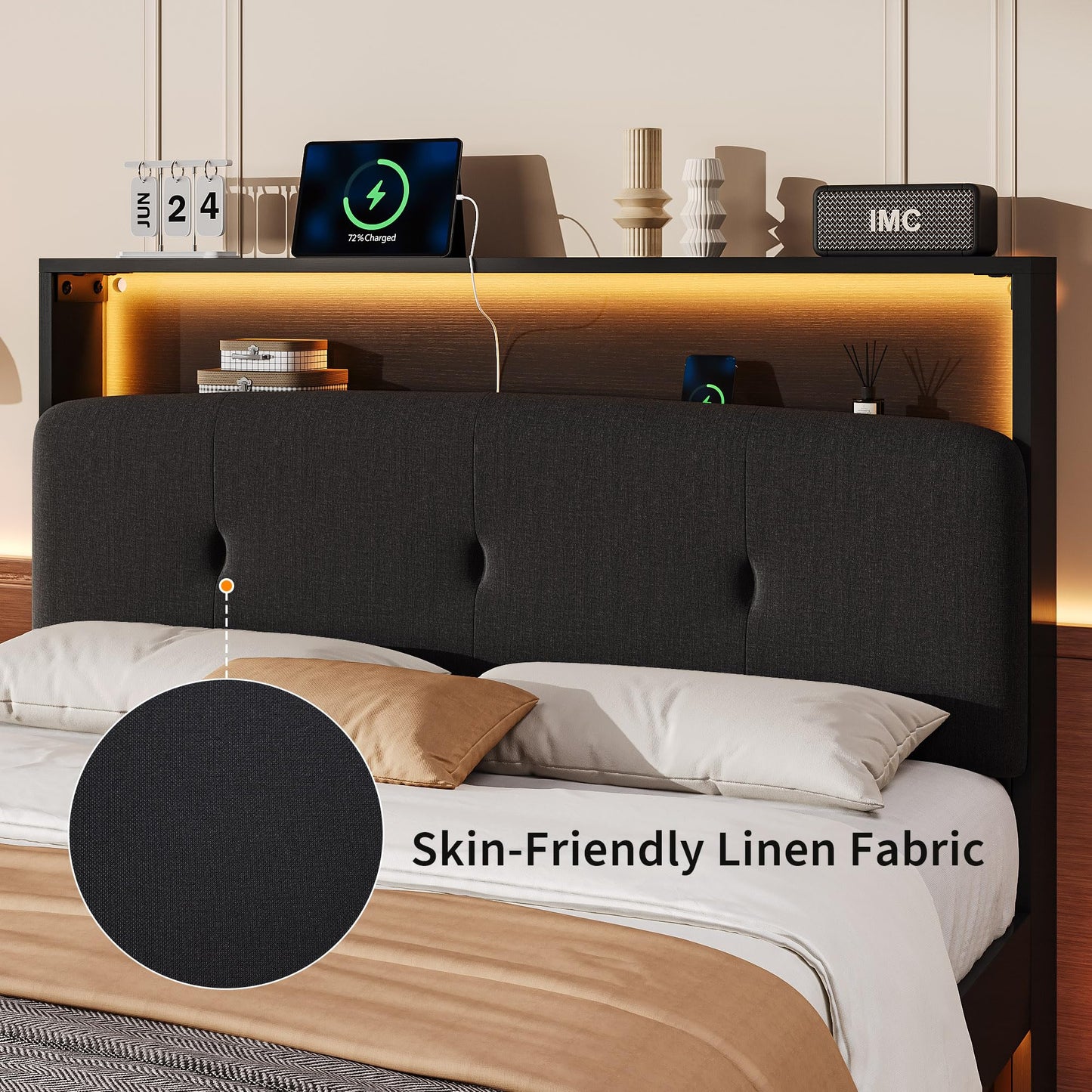 Einhomn Floating Bed Frame Full with 2-Tier Storage Linen Fabric Upholstered Headboard, Wooden Platform Bed Frame w/Charging Station & LED Lights, Metal Slats Support, No Box Spring Needed, Black