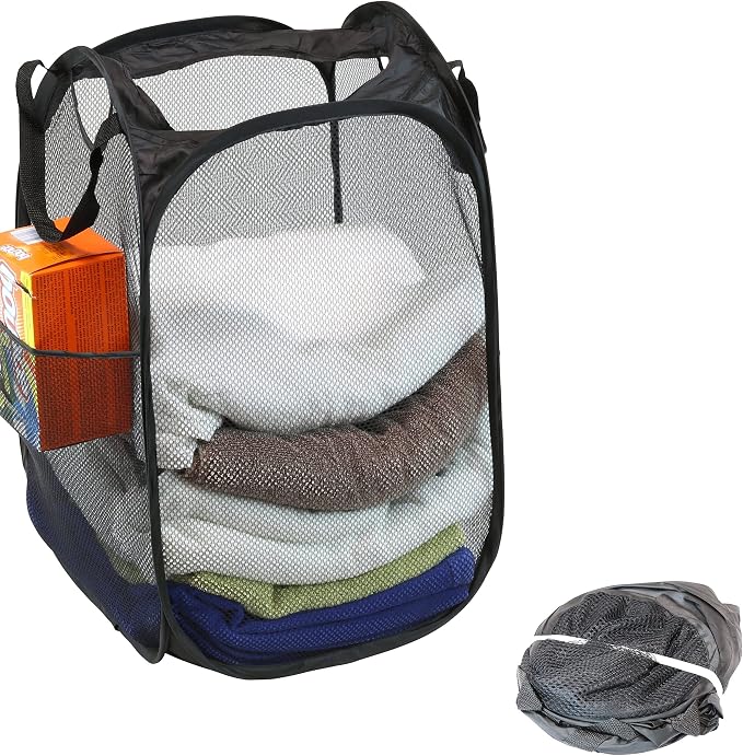 Simple Houseware Mesh Pop-Up Laundry Hamper Basket with Side Pocket, Black