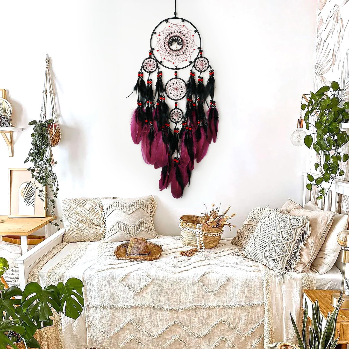 MEIZHIANDME Large Dream Catchers, Boho Handmade Native Macrame Dream Catchers Wall Hanging for Bedroom Living Room Dorm Room Decor, Adults Wedding Party Decor, Festival Blessing Gift (Red & Black)