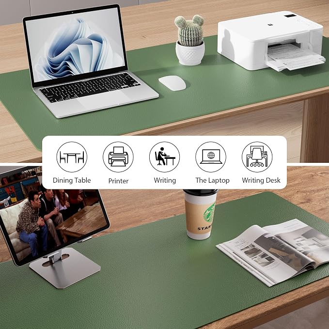 Aothia Faux Leather Desk Mat - Non-Slip PU Leather Desk Blotter, Waterproof Writing Surface, Large Desk Pad for Office & Home (Olive Green, 55" x 17")