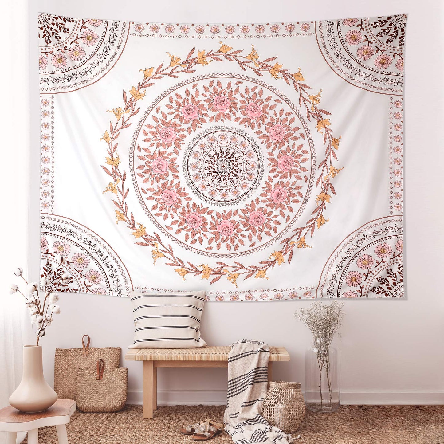 FLY SPRAY Mandala Tapestry Aesthetic,Boho Tapestry Wall Hanging,Pink Floral Medallion Tapestries,Bohemian Wall Art Hippie Decor for Bedroom Living Room Dorm