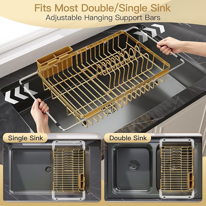 JASIWAY Gold Expandable Stainless Steel Dish Drying Rack Over The Sink for Small Kitchen, Counter Space Saving Compact Plate Drainer Strainer, Adjustable Hanging Metal Dish Dryer with Utensil Holder