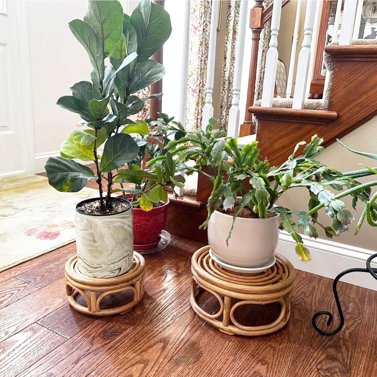 KUTORKILL Set of 2 Large Rattan Wicker Round Risers Decorative Indoor Plant Stand, Mid Century Minimalist Modern Plant Stands, Boho Short Plant Stand Holder Suitable Fits 8'' and 12'' Pots