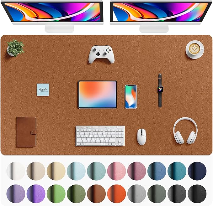 Aothia Faux Leather Desk Mat - Large Mouse Pad, Non-Slip PU Leather Blotter, Waterproof Writing Surface for Office and Home (Brown, 63" x 24")