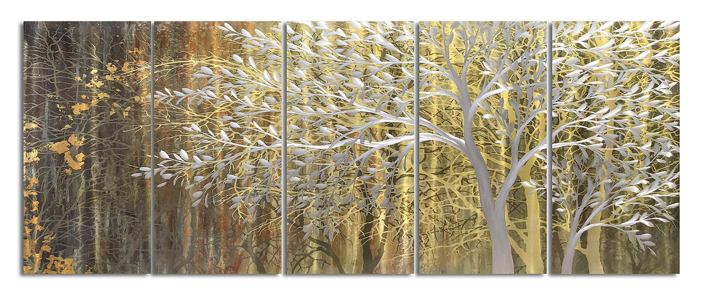 Yihui Arts Gold Metal Wall Art Handcrafted Tree on Aluminum Artwork Modern Forest Pictures with 3D for Living Room Bedroom Kitchen Decor