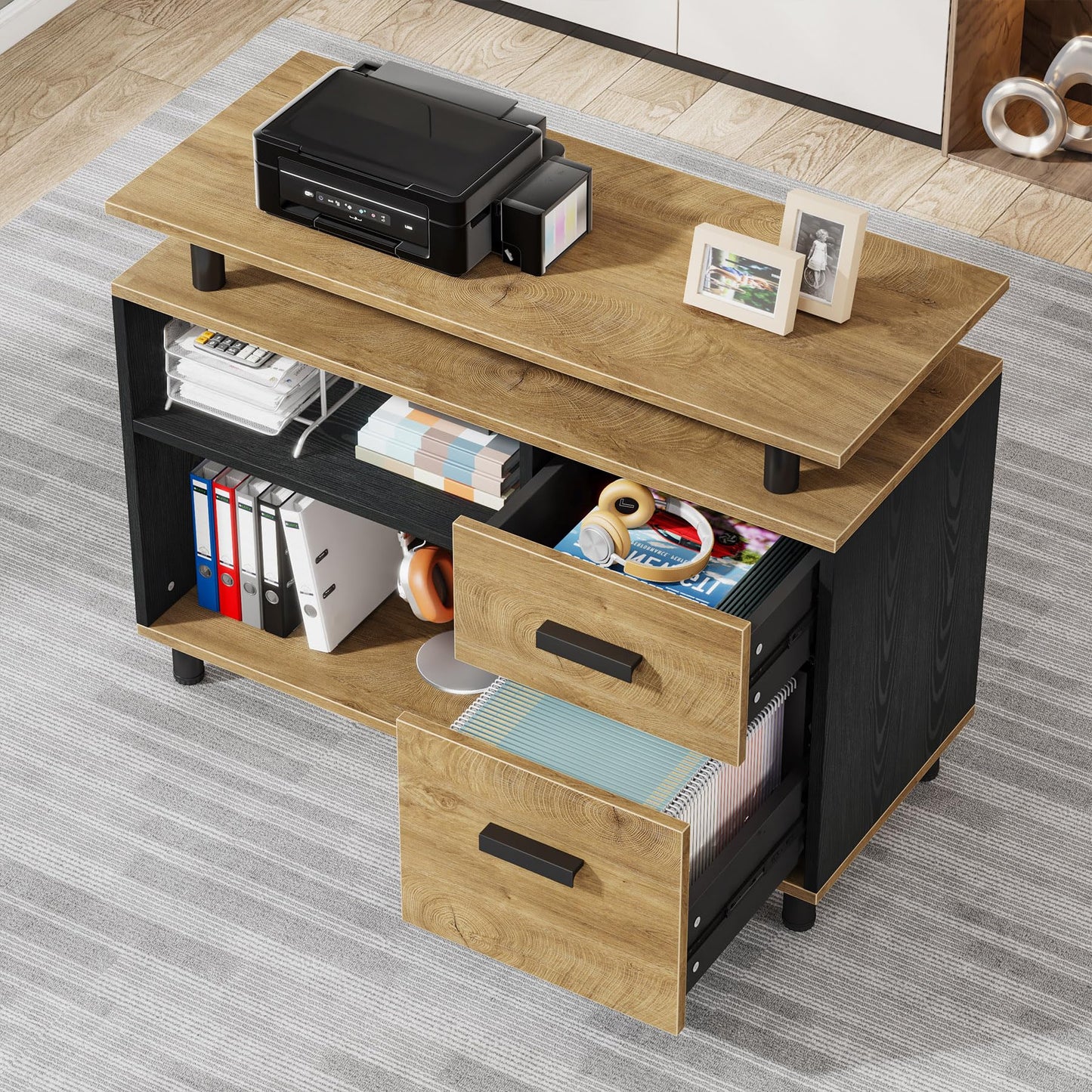 Tribesigns 63 Inch Executive Desk with File Cabinet, Large Office Desk L Shaped Computer Desk with Drawers and Storage Shelves, Business Furniture Desk for Home Office, Wood Color and Black