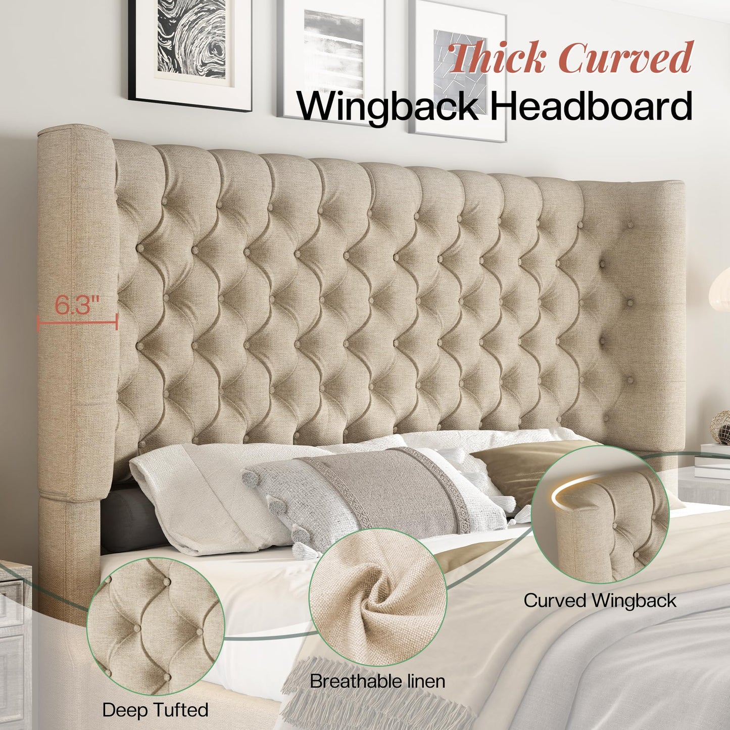 Jocisland King Size Platform Bed Frame, 6.3” Thick Upholstered Curved Wingback Headboard and Footboard with Deep Button Tufted, Easy Assembly, No Box Spring Needed, Khaki Linen