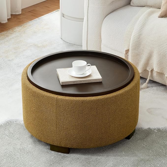 Zihanhome 30 Inch Round Storage Ottoman, Ottoman Coffee Table with Lift Off Lid, Boucle Modern Ottomans with Storage for Living Room, Bedroom, Apartments (Yellow)