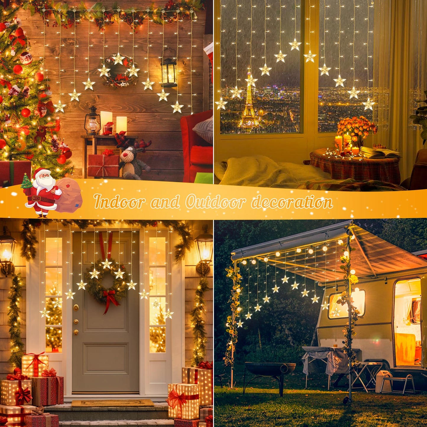 woohaha 118LED Star Icicle Lights,Window Curtain Light Plug in,8 Modes Timer Hanging String Lights,Connectable Warm White Star Lights for Bedroom Indoor Party Wedding Ramadan Christmas Decorations