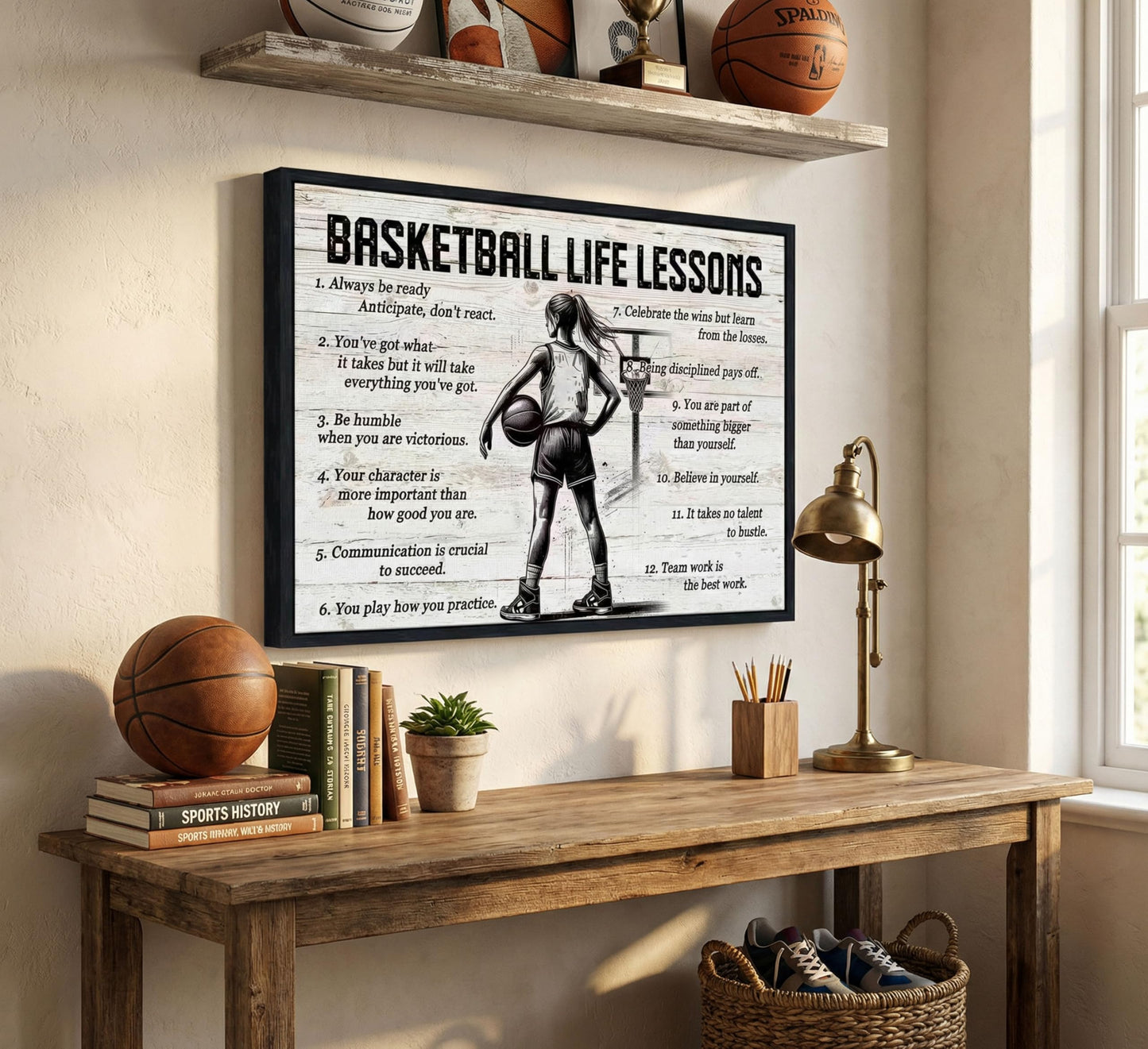 Black Framed Girl Basketball Canvas Wall Art Inspirational Basketball Life Lessons Wall Decor Picture Motivational Girls Sports Poster Print for Teenage Girls Living Room Bedroom Home Decoration