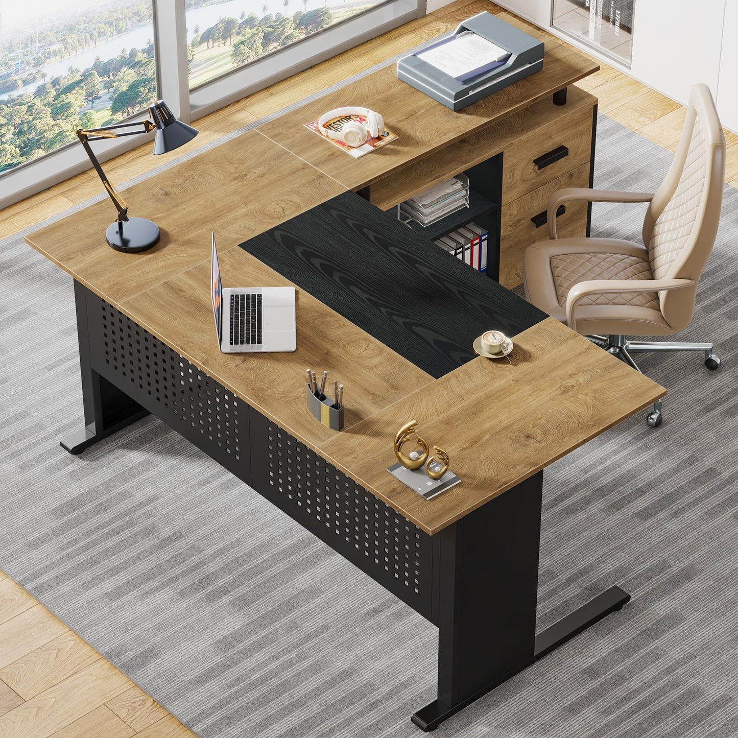 Tribesigns 63 Inch Executive Desk with File Cabinet, Large Office Desk L Shaped Computer Desk with Drawers and Storage Shelves, Business Furniture Desk for Home Office, Wood Color and Black