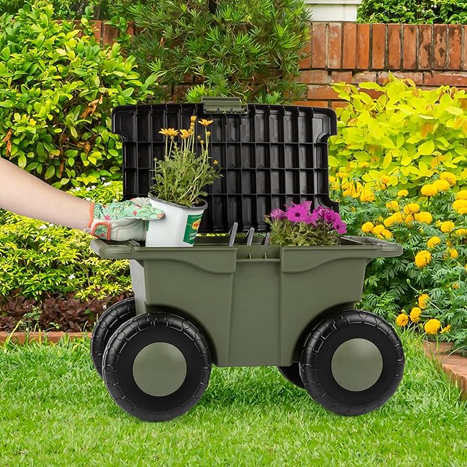 Pure Garden Rolling Garden Cart with Seat - Plastic Storage with Bench and Interior Tool Tray - Gardening Stool for Weeding and Planting (Green)