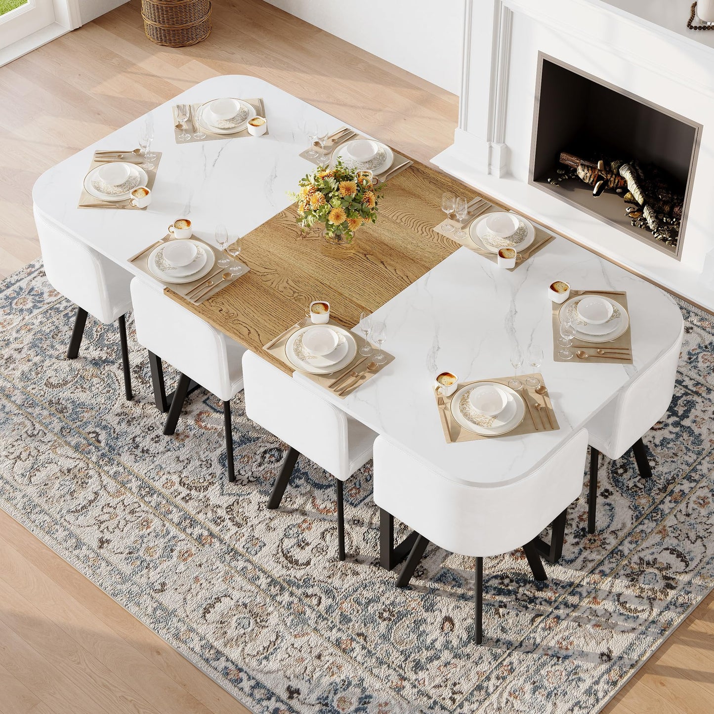 KEIKI 79" Dining Table Set for 8, Rectangular Kitchen Table Set with White Faux Marble & Wood Grain Top, Modern Dining Room Set with 8 White Faux Leather Chairs, Large Family Dining Table Furniture