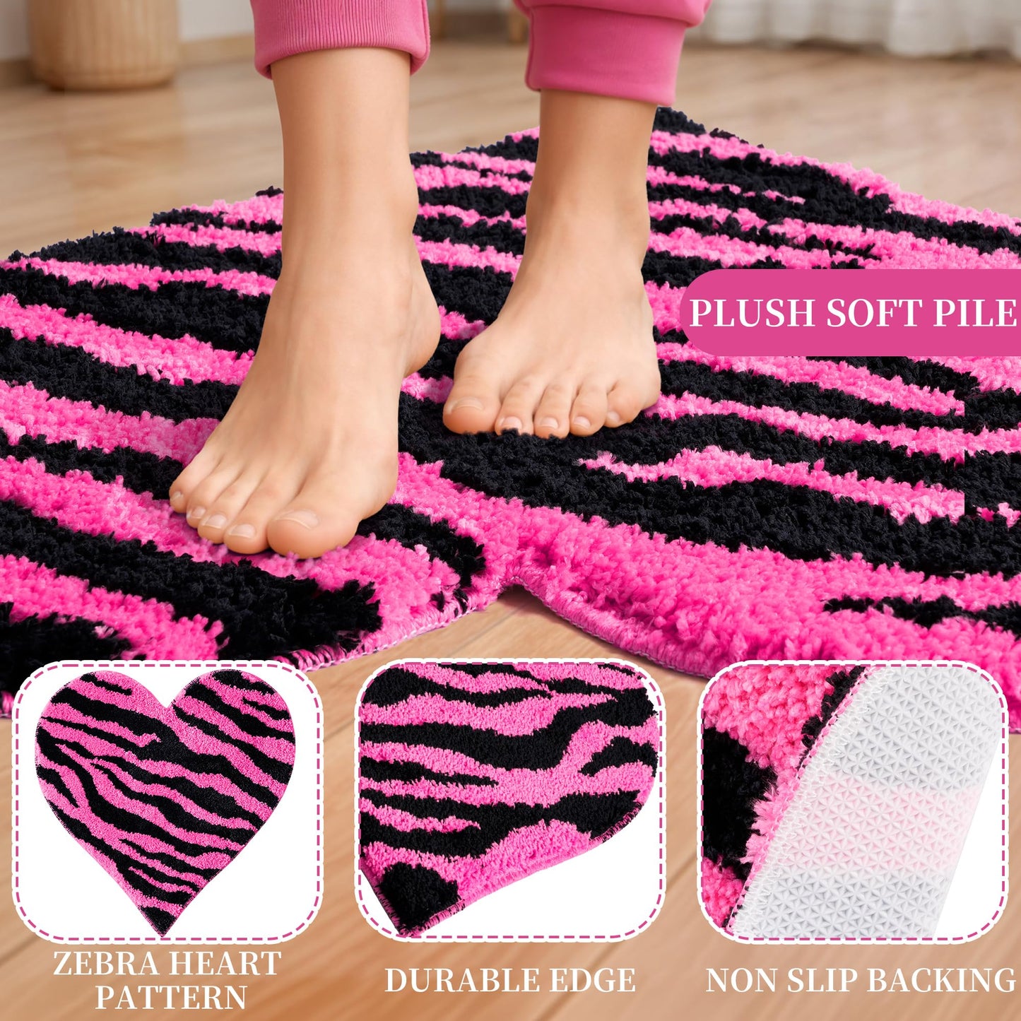 Fttoyoly Y2K Hot Pink Zebra Print Rug, 24 Inch Heart Shaped Soft Plush Small Rug with Non Slip Backing, Y2K Room Decor Aesthetic for Bedroom, Dorm and Vanity