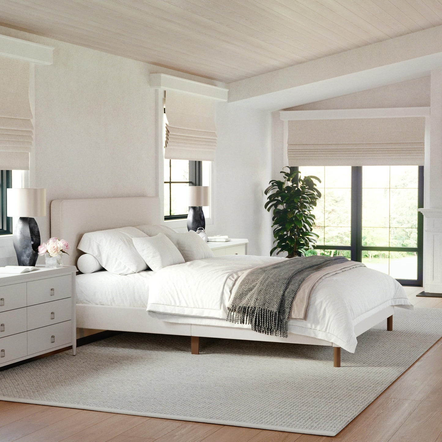 Martha Stewart Britta Platform Bed with Headboard & Footboard, Faux Linen Upholstery with Piping Detail, Rounded Headboard, No Box Spring Needed, Queen, Beige