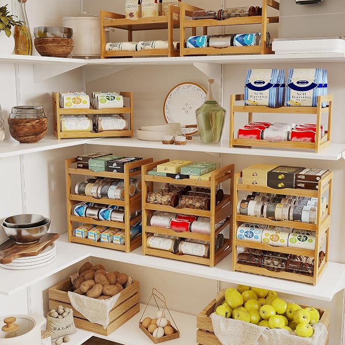 BAMBANG Can Organizer for Pantry, 4 Tier Stackable Bamboo Canned Food Storage Rack, Rolling Soda Can Dispenser Holds Up to 48 Cans, Detachable Can Organizer for Cabinet, Natural