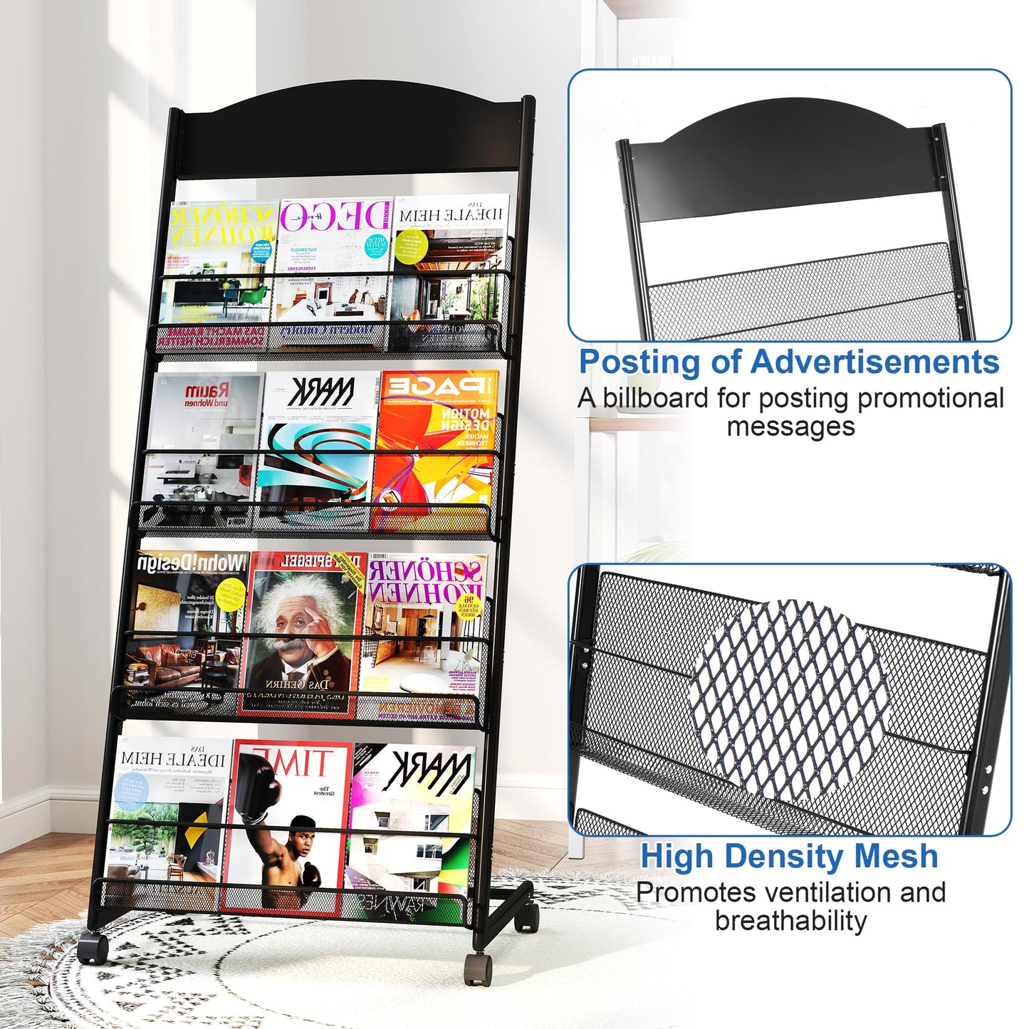 Qriocioa Brochure Display Stand 4 Layer Floor-Standing Magazine Rack Literature Newspaper Catalog Display Holder with Wheels and Top Billboard for Exhibitions,School, Hotel, Hospitals, Offices (Black)