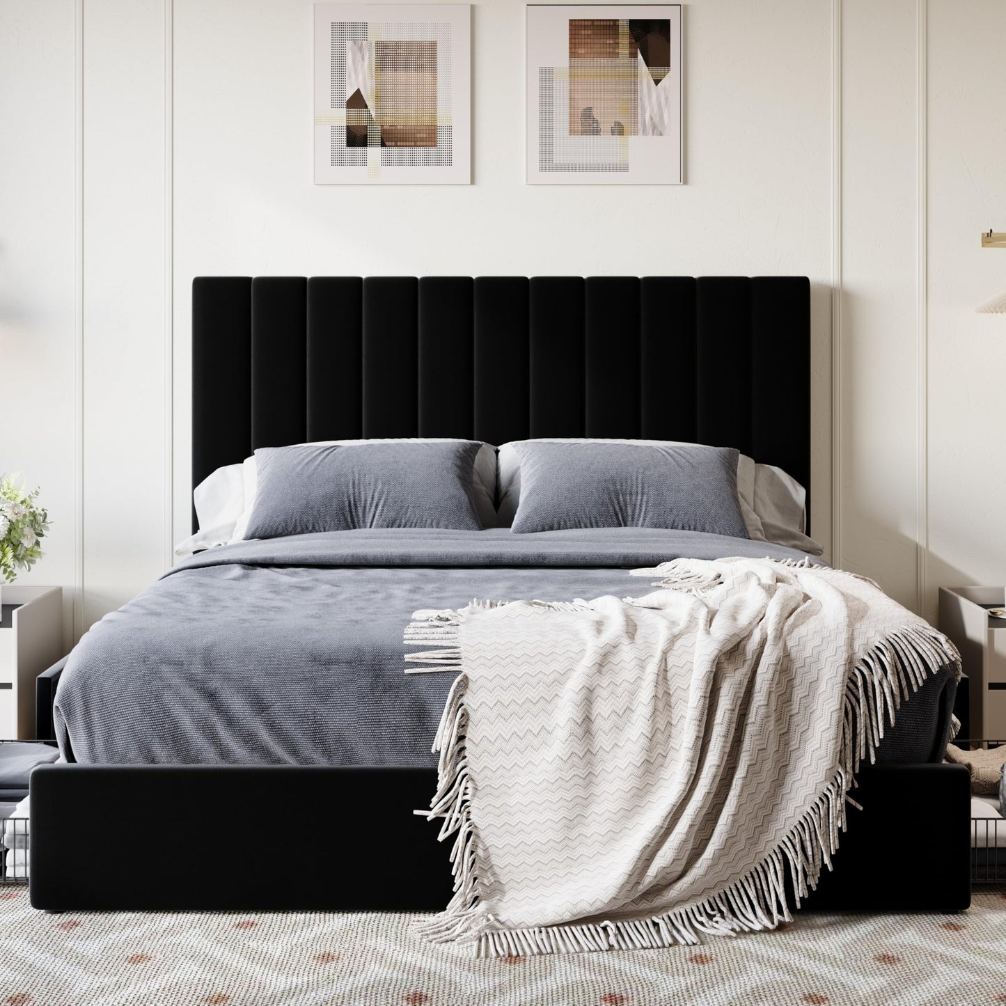 SHA CERLIN Queen Size Platform Bed Frame with 4 Storage Drawers, Vertical Channel Tufted Adjustable Headboard, Velvet Upholstered, Wooden Slats Support, No Box Spring Needed, Easy Assembly, Black