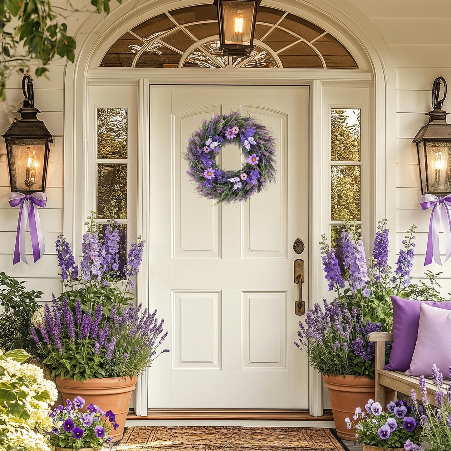 Valery Madelyn Spring Lavender Wreaths for Front Door, Artificial Floral Summer Wreath with Lights Purple Bellflower Berries Butterfly for Home Outside Wedding Porch Window Arch Decor-24''