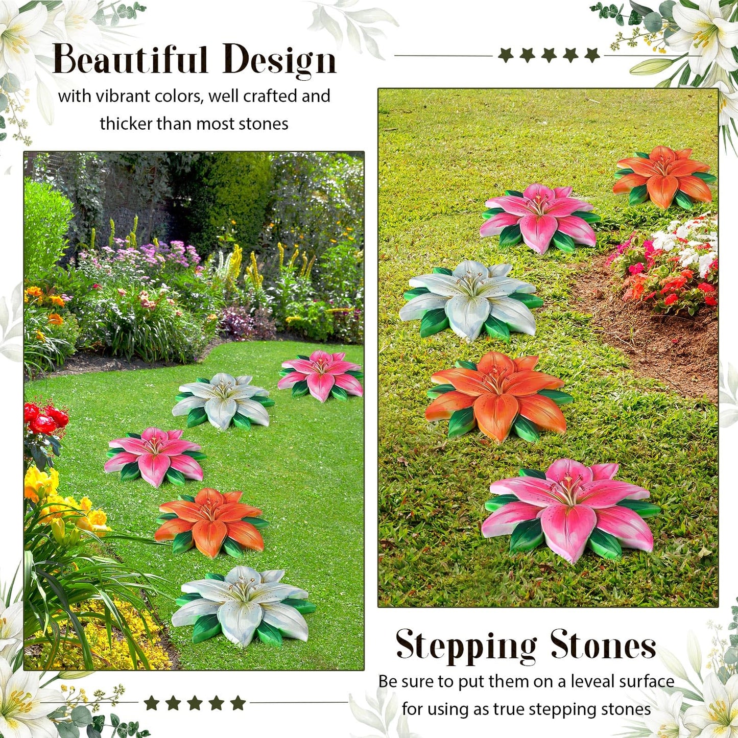 Cinnvoice 3 Pack Garden Stepping Stone Outdoor, Decorative Dimensional Resin Stepping Stones for Patio Pathway Landscaping Walkway Sculpture Yard Backyard Lawn(Lily,10 Inches)