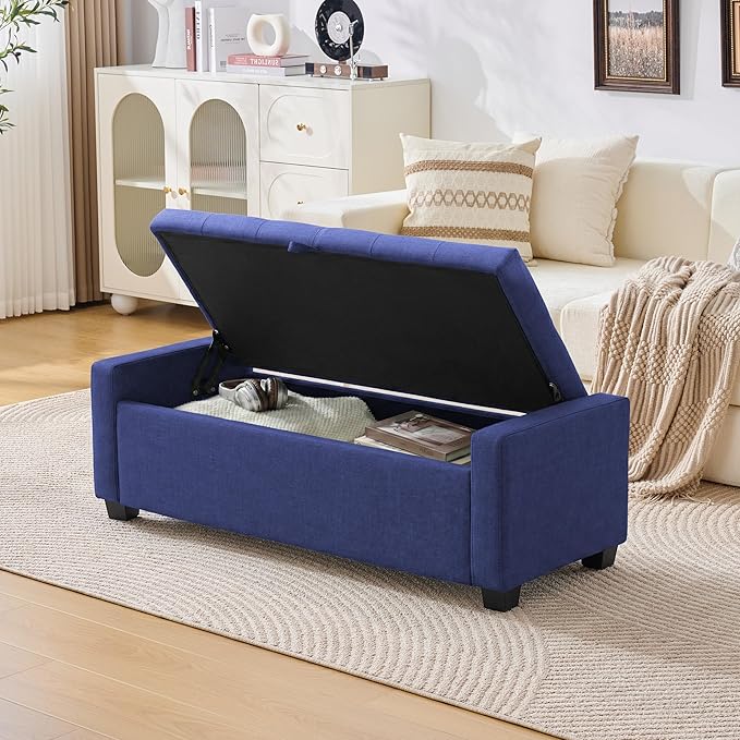Huatean Home 48" Ottoman with Storage, Storage Ottoman Bench with Safety Hinge, Upholstered Entryway Bench with Seating for Bedroom, Living Room, Holds up to 330 lb, Blue