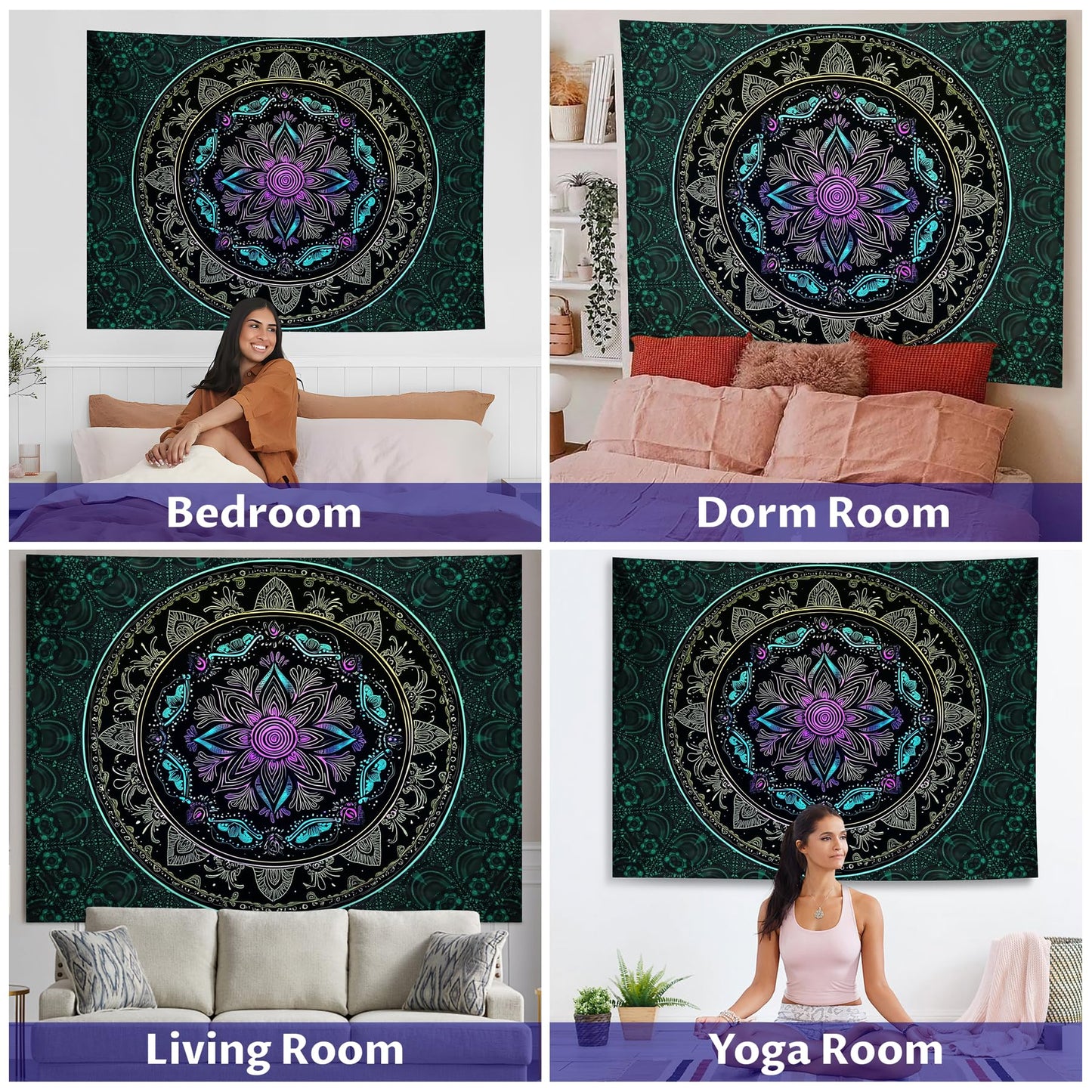NYZE Blacklight Mandala Tapestry Wall Hanging Bohemian Wall Decor Psychedelic Peacock Indian Hippie Wall Art Boho College Dorm Beach Throws Table Cloth Bedding Tapestry 79×59in