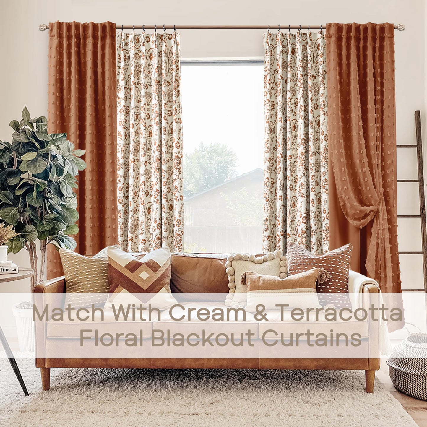 Boho Blackout Curtains for Bedroom 84 Inch Length 2 Panels Set,Vintage Farmhouse Terracotta Rust Pom Pom Textured Patterned Double Layer Sheer Overlay Bohemian Western Curtain Drapes for Living Room