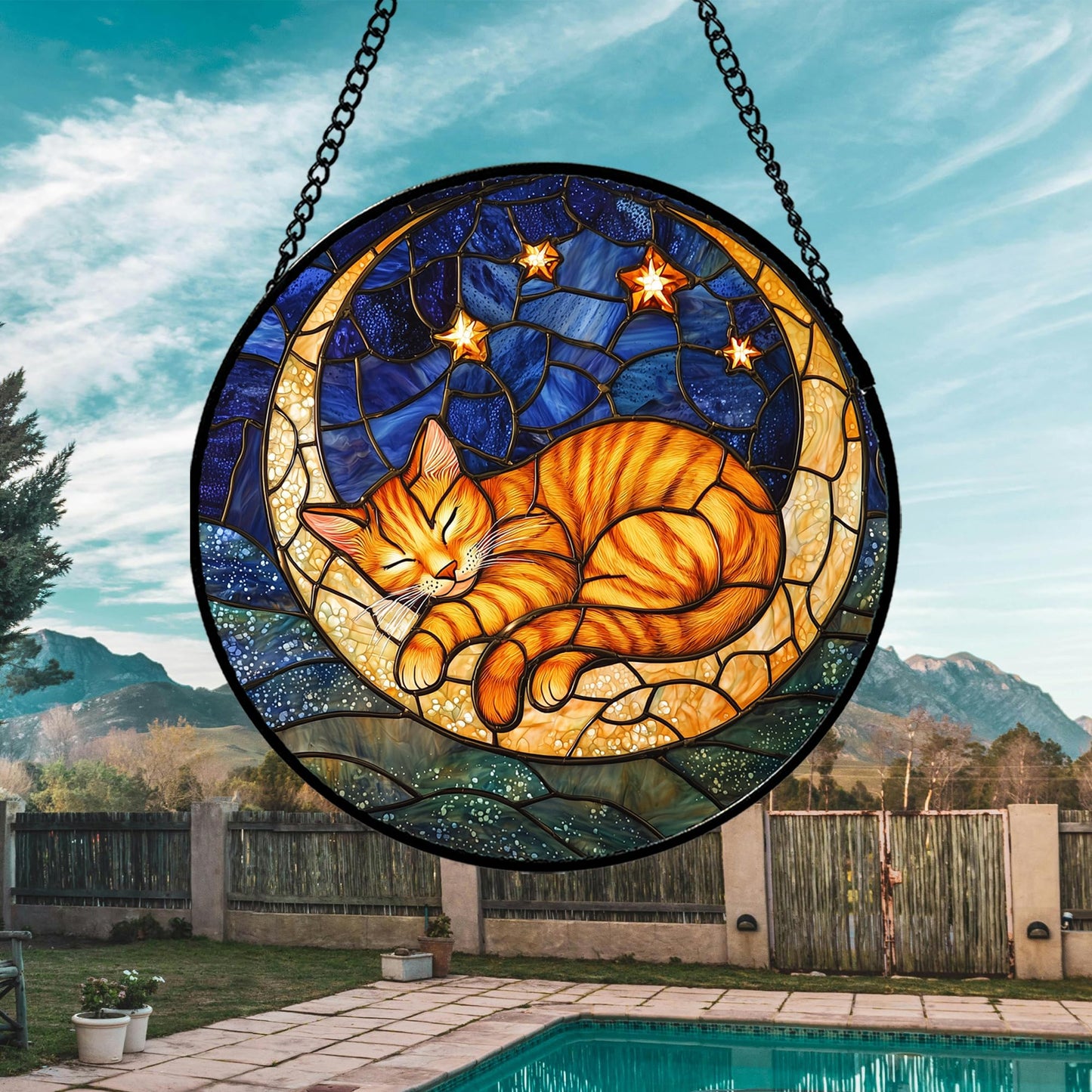 AMDERVEN Stained Glass Window Hanging - Orange Moon Sleeping Cat Sun Catcher for Door Home Decor Blue Starry Sky Suncatcher Christmas Mother's Day Birthday Gifts for Women Men Mom Nana 6.3 in