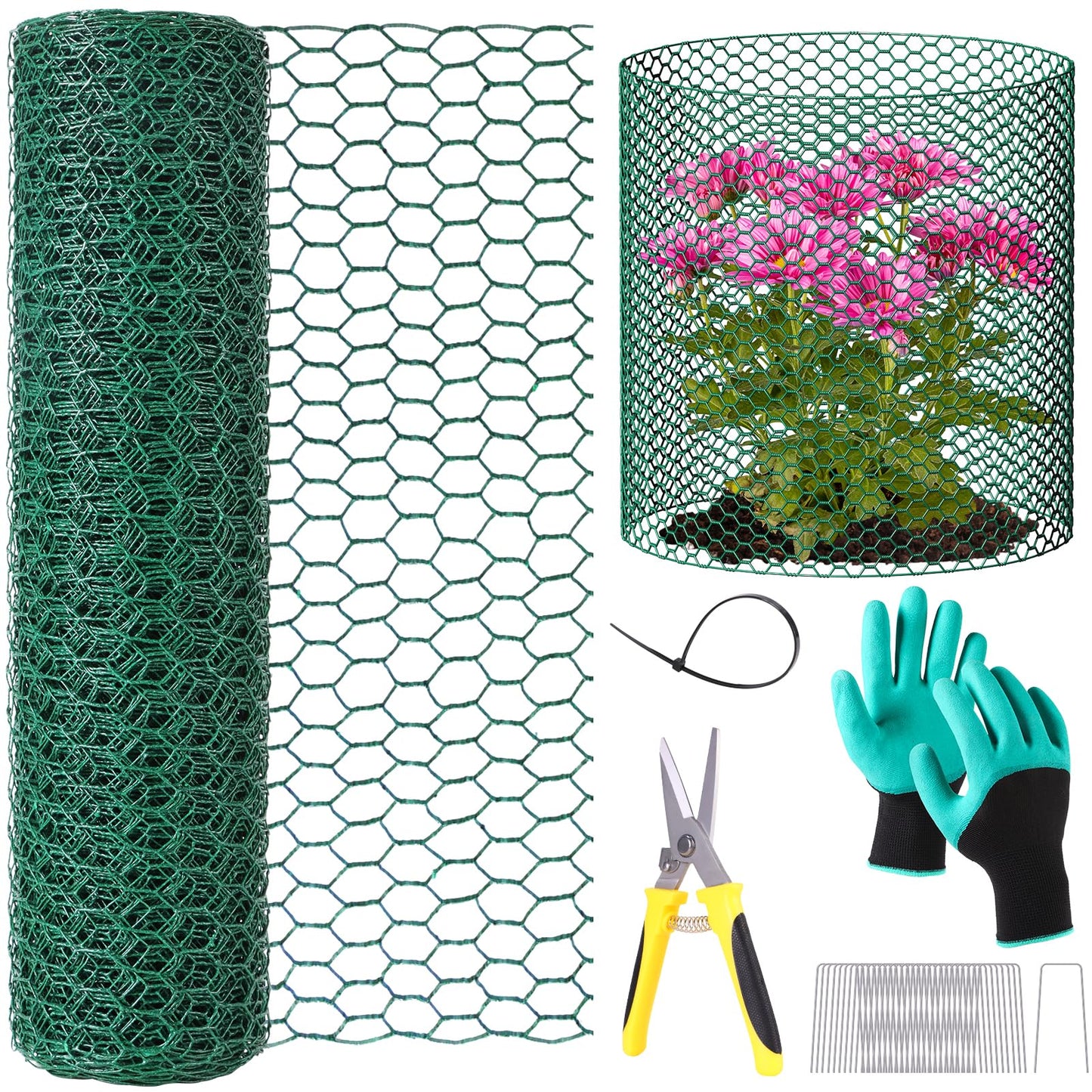 32.8ftx16In Plant Protectors from Animals,Plant Cages for Outdoor Plants,Wire Plant Protector Cage,Wire Plant Protector,Chicken Wire Cloche with Ground Stakes & Nylon Ties Protect Plants from Animals