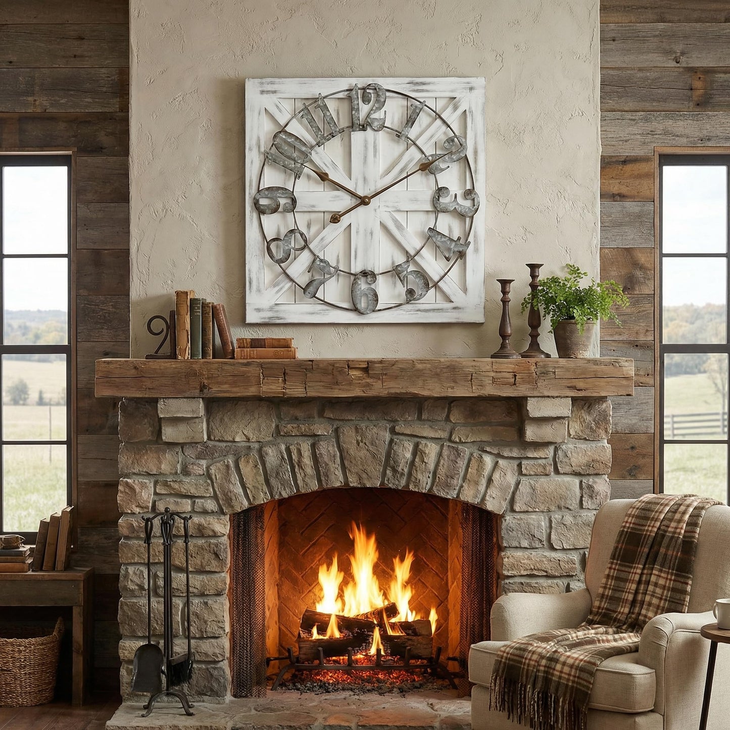 EMAX HOME Large Farmhouse Wall Clock – 24 Inch White Square Rustic Wooden Clock with Decorative Reversible Wooden Sign, Perfect for Any Space and Ideal Gift