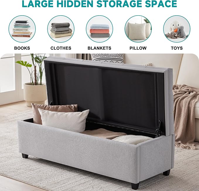 Mangodan 50" Storage Ottoman Bench, Tufted Ottoman with Storage for Living Room, Large End of Bed Ottomans, Modern Entryway Benchs, Window & Bedroom Benches for Foot of Bed (LightGray)
