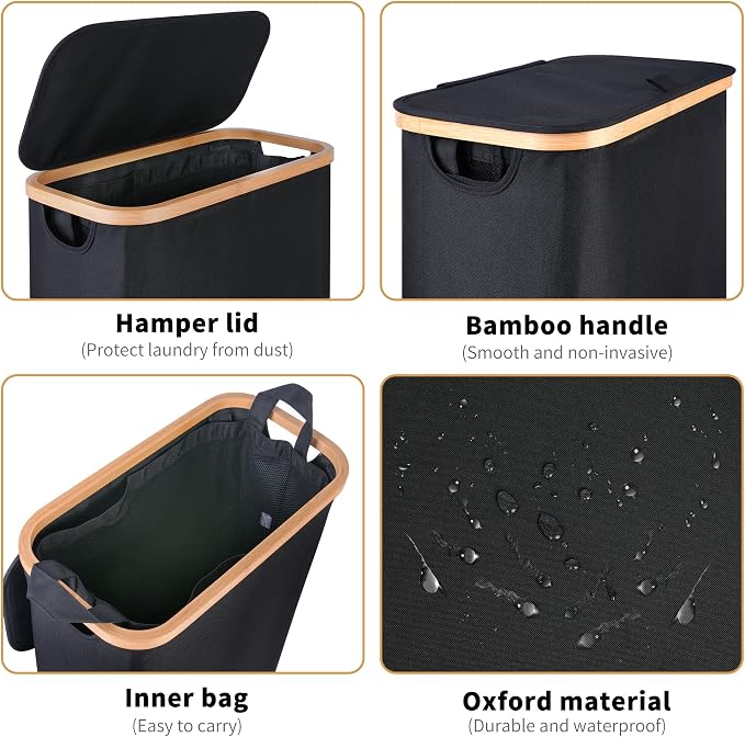 iEGrow 60L Slim Laundry Hamper, Narrow Laundry Basket with Lid,Foldable Clothes Hamper with Bamboo Handles,Hamper Basket with Removable Inner Bag for Laundry Room Bedroom College Dorm,Black