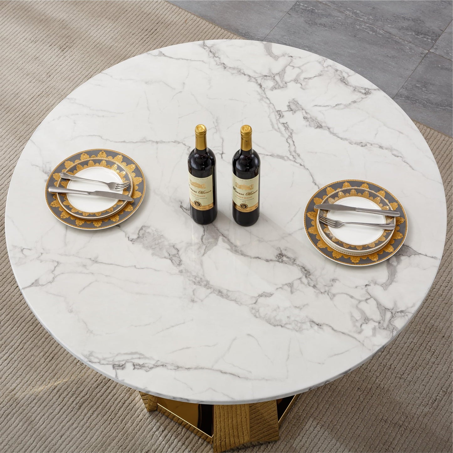 Glyph Form Round Faux Marble 47" Dining Table for 4-6, Luxury Gold Kitchen Table with Stainless Steel Base, Easy to Clean & Heavy Duty Modern Dining Room Table for Home Office, White, MDF(Table Only)