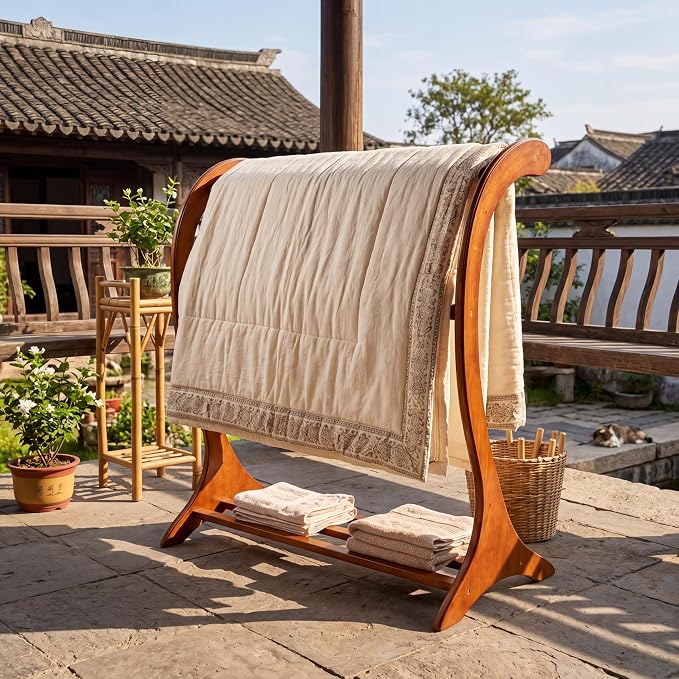 Leinuosen Wood Quilt Rack with 3 Rungs, Free Standing Blanket Holder for Living Room Bedroom Bathroom, 16.69" D x 30" W x 36" H, Retro Curved Ladder Design, Solid Wood, Antique Walnut Finish